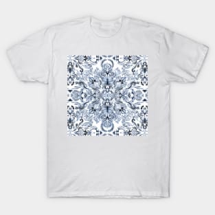 Indigo, Navy Blue and White Calligraphy Doodle Pattern T-Shirt